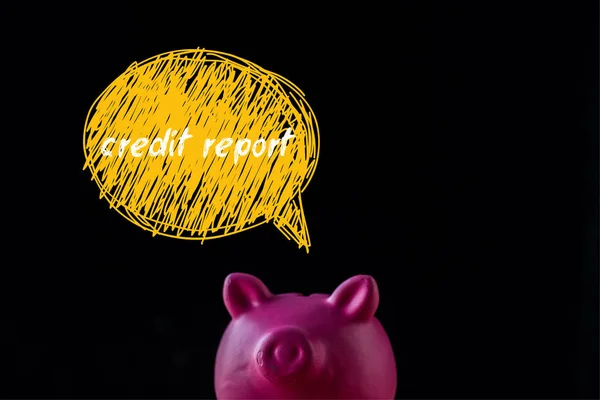 粉红色小猪银行附近的语音泡沫与信用报告信在黑色 — 图库照片