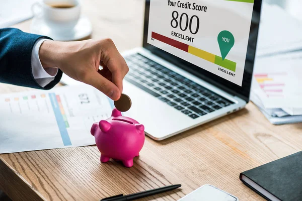 Cropped View Businessman Putting Coin Pink Piggy Bank Laptop Your — Stock Photo, Image