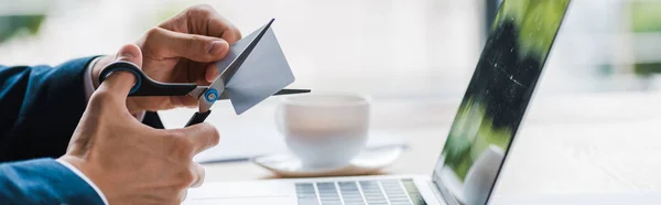 Panoramic Shot Man Holding Scissors Credit Card — Stock Photo, Image