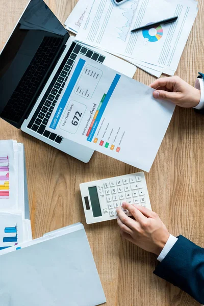 Top View Businessman Holding Document Letters Calculator Laptop — Stock Photo, Image