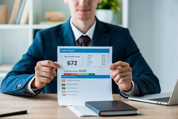 Selective Focus Man Holding Document Credit Report Lettering Laptop Office — Stock Photo, Image