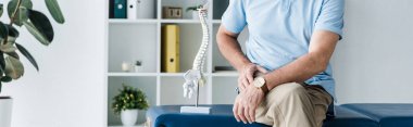 panoramic shot of man sitting on massage table near spine model  clipart