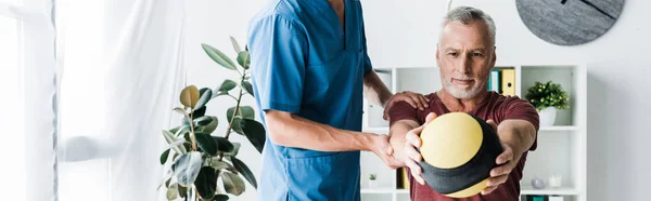 Panoramic Shot Mature Man Training Ball Doctor — Stock Photo, Image