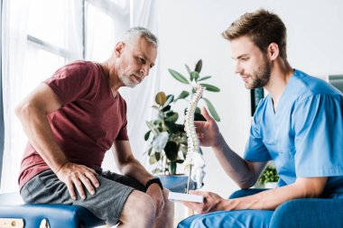 yakışıklı doktor yakın omurga modeli bakarak sakallı hasta 