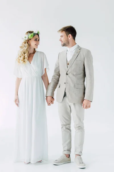 Attractive Bride Handsome Bridegroom Holding Hands Looking Each Other — Stock Photo, Image