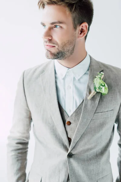 Handsome Bridegroom Suit Floral Boutonniere Looking Away Isolated Grey — Stock Photo, Image