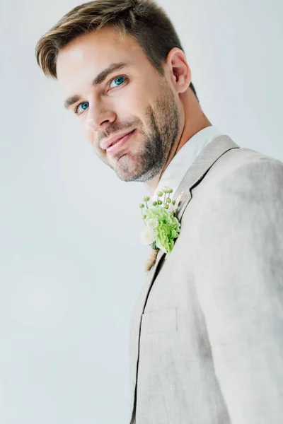 Handsome Bridegroom Suit Floral Boutonniere Looking Camera Isolated Grey — Stock Photo, Image