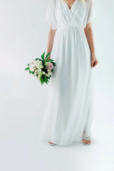 Beskuren Syn Brud Bröllopsklänning Holding Bouquet — Stockfoto