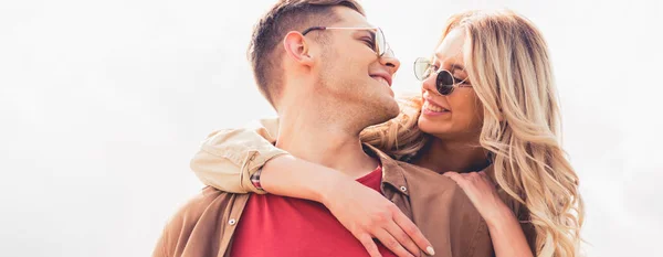 Panoramic Shot Handsome Man Piggybacking His Attractive Blonde Girlfriend — Stock Photo, Image