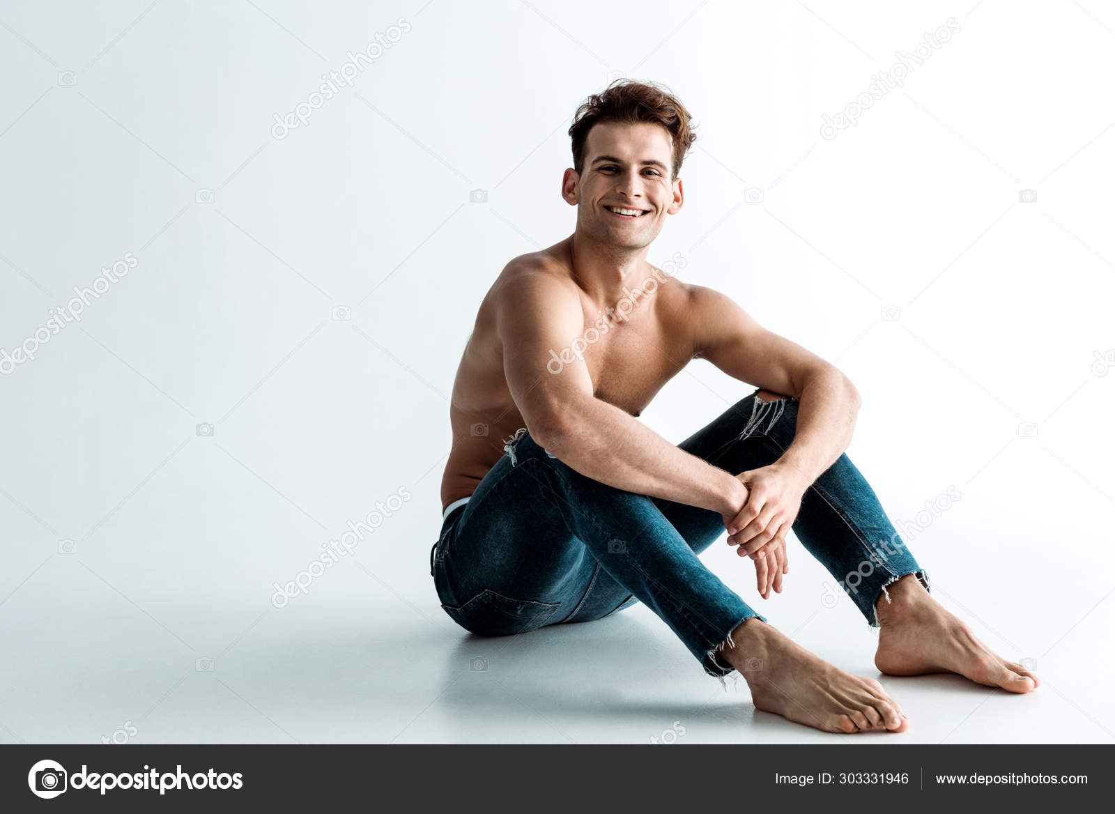 Happy Shirtless Man Barefoot Sitting White — Stock Photo