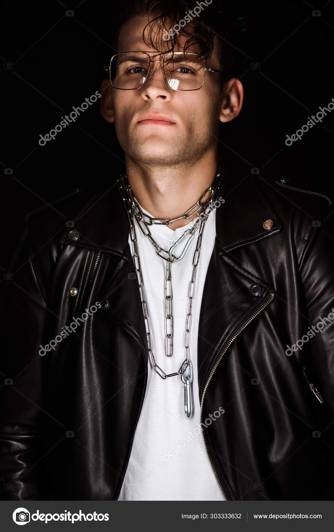 Stylish Man Glasses Chains Neck Isolated Black Stock Photo by ©VitalikRadko  303333632