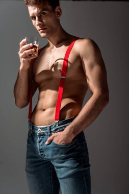 seksi adam viski cam tutan ve gri izole cebinde el ile ayakta 