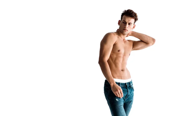 Sexy Hombre Jeans Tocando Cuello Aislado Blanco — Foto de Stock