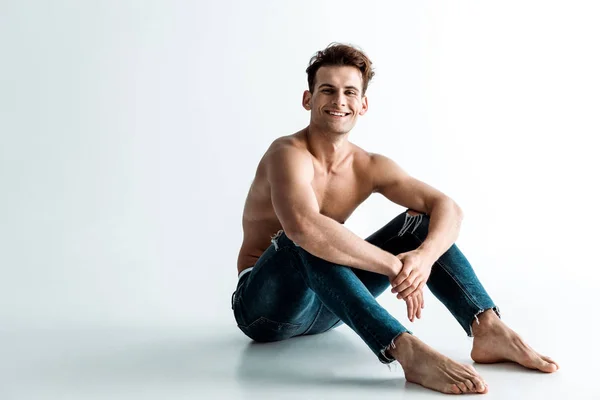 Happy Shirtless Man Barefoot Sitting White — Stock Photo, Image