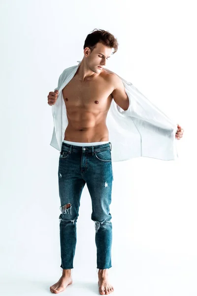 Handsome Man Standing Blue Jeans Undressing White — Stock Photo, Image
