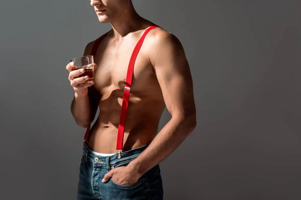 Cropped View Shirtless Man Holding Glass Whiskey Standing Hand Pocket — Stock Photo, Image