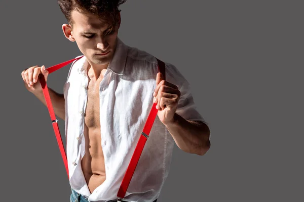 Handsome Man White Shirt Touching Red Suspenders Isolated Grey — Stock Photo, Image