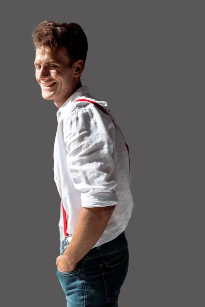 Happy Young Man White Shirt Standing Hands Pockets Isolated Grey — Stock Photo, Image