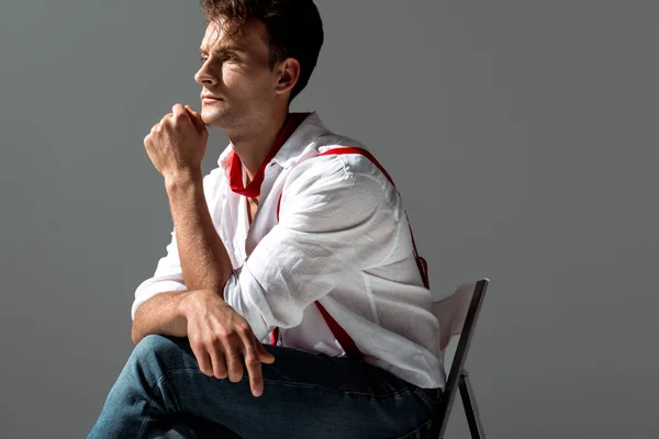 Pensive Man White Shirt Sitting Isolated Grey — Stock Photo, Image