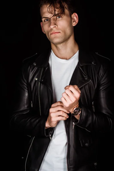 Stylish Man Leather Jacket Touching Watch Isolated Black — Stock Photo, Image