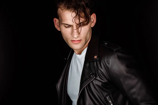Stylish Young Man Leather Jacket Isolated Black — Stock Photo, Image