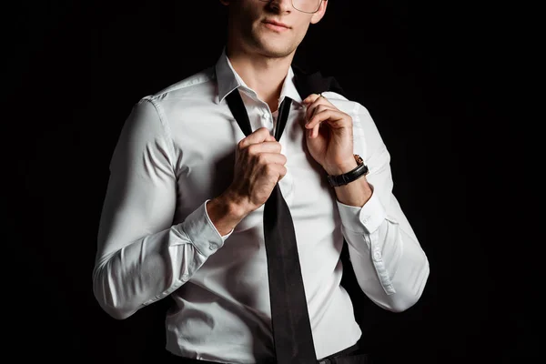 Cropped View Businessman Taking Tie Isolated Black — Stock Photo, Image