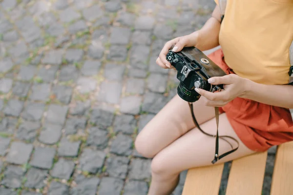 Overhead View Woman Holding Digital Camera Hands — Stock Photo, Image