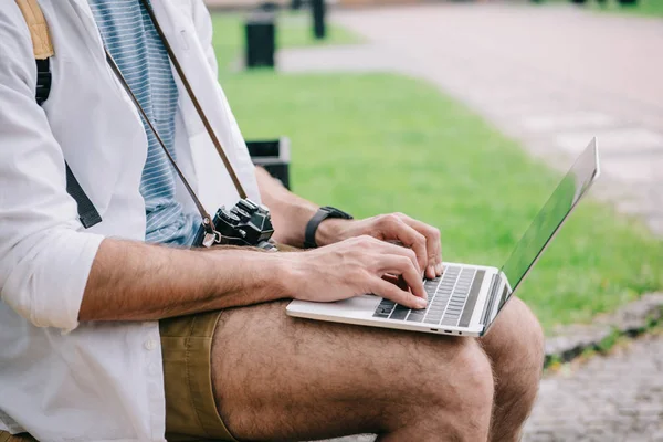 Cropped View Blogger Typing Laptop Park — Stock Photo, Image