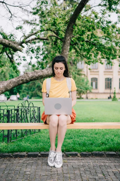 Attraktive Junge Frau Sitzt Auf Bank Und Benutzt Laptop — Stockfoto