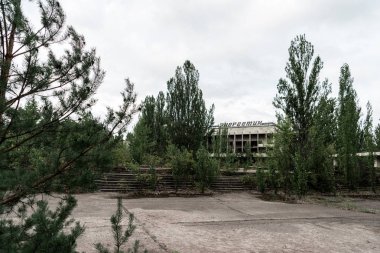 Pripyat, Ukrayna - 15 Ağustos 2019: Çernobil'de yeşil ağaçların yakınında enerjik harflerle bina seçici odak 