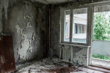 damaged and dirty room with flaky walls in chernobyl  clipart