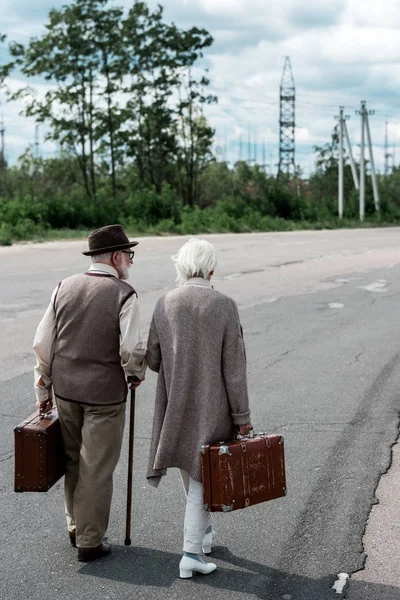 Back View Retired Woman Man Hat Walking Travel Bags — Stock Photo, Image