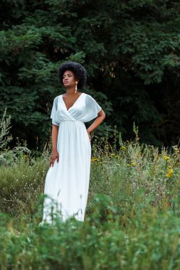 kır çiçekleri ile alanda duran beyaz elbisegüzel afro-amerikan kız seçici odak 