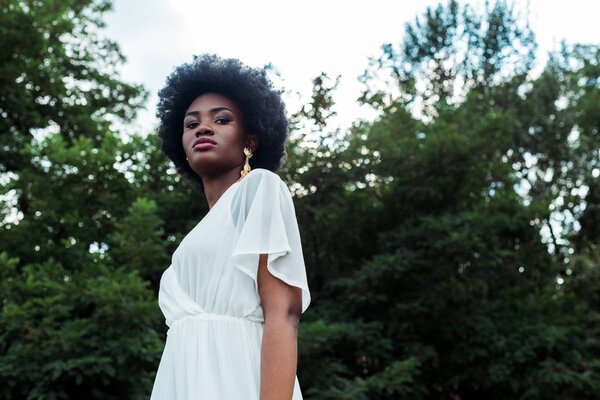 low angle view of pretty curly african american woman looking at camera