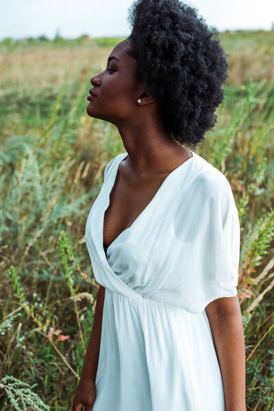 side view of pretty african american woman in grassy field 