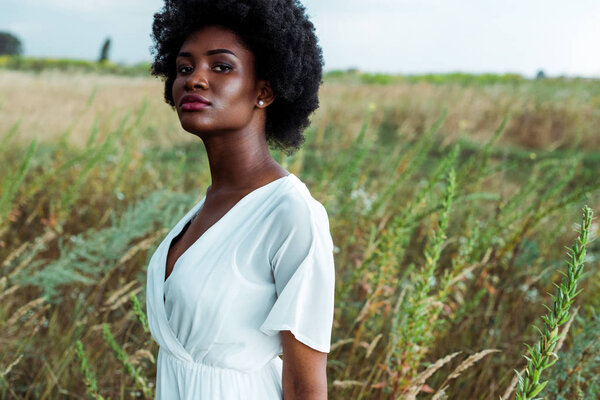 selective focus of curly and pretty african american woman in grassy field 