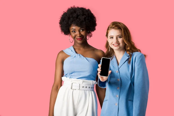 Happy Redhead Girl Holding Smartphone Blank Screen African American Woman — Stock Photo, Image