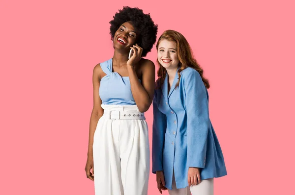 Happy African American Woman Talking Smartphone Redhead Girl Isolated Pink — Stock Photo, Image