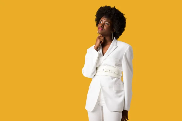 Pensive Curly African American Girl Standing Isolated Orange — Stock Photo, Image