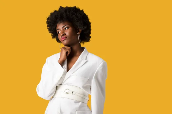 Thoughtful Curly African American Girl Standing Isolated Orange — Stock Photo, Image