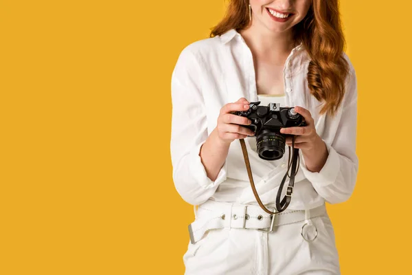 Cropped View Happy Redhead Girl Holding Digital Camera Isolated Orange — Stock Photo, Image