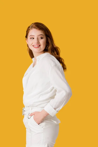 Pretty Young Redhead Woman Standing Hand Pocket Isolated Orange — Stock Photo, Image