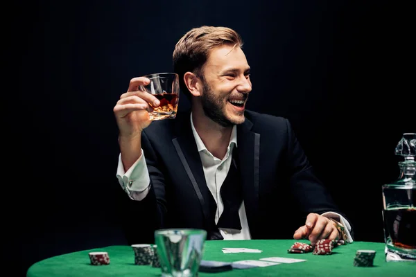 Selective Focus Smiling Man Holding Glass Alcohol Isolated Black — Stock Photo, Image