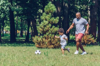 Neşeli Afrikalı Amerikalı baba ve oğul parkta futbol oynuyorlar.