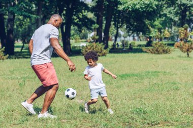 Genç Afrikalı Amerikalı baba parkta oğluyla futbol oynuyor.