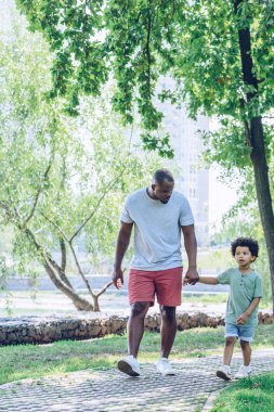 Yakışıklı Afrikalı Amerikalı adam parkta yürürken sevimli oğluyla el ele tutuşuyor.