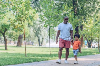 Neşeli Afrikalı Amerikalı baba ve oğul parkta yürürken el ele tutuşuyorlar.