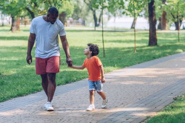 Mutlu Afrikalı Amerikalı baba ve oğul el ele tutuşup parkta yürürken birbirlerine bakıyorlar.