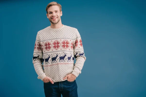 Handsome Smiling Man Posing Winter Sweater Isolated Blue — Stock Photo, Image