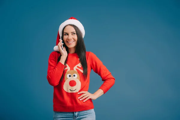 Attractive Woman Santa Hat Talking Smartphone Isolated Blue — Stock Photo, Image